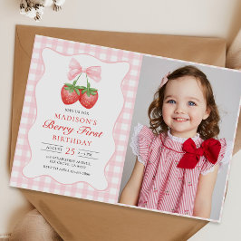 Berry First Strawberry Rosa Bow 1:a födelsedag Fot Inbjudningar