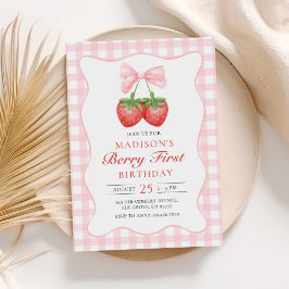 Berry First Strawberry Rosa Bow 1:a födelsedagen Inbjudningar
