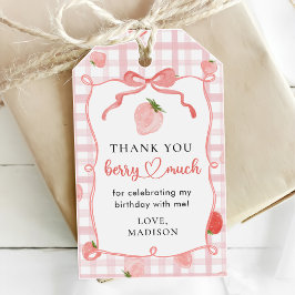 Berry First Strawberry Rosa Gingham 1st Birthday Presentetikett