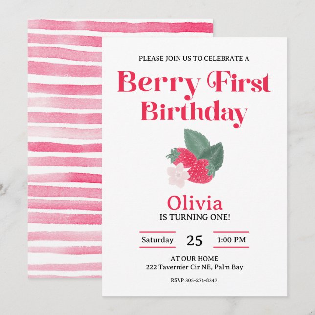 Berry First Strawberry Theme Girls 1st Party Inbjudningar (Fram/baksida)