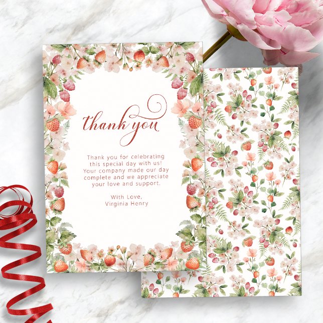 Berry First Tack Kort (Strawberry Watercolor Berry First Birthday Thank You Card by Painted Paperie
)