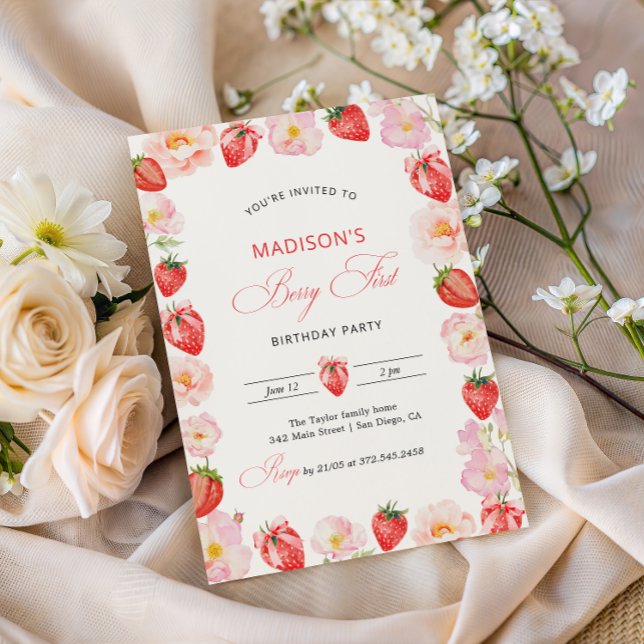 Berry Första Födelsedag Jordgubb Bow 1:a Födelseda Inbjudningar (Skapare uppladdad)