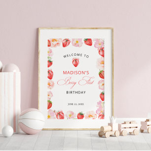 Berry Första Födelsedag Jordgubb Bow Välkommen Poster