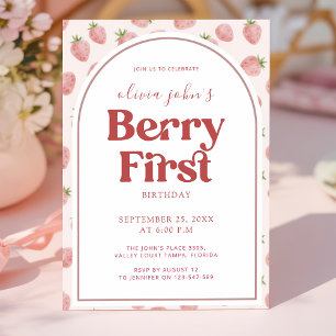 Berry Första Födelsedag Jordgubbs Tjej Båge Foto Inbjudningar