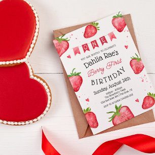 Berry Första Födelsedag Jordgubbsinbjudan Inbjudningar