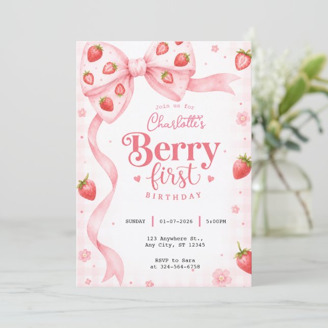Berry Första Födelsedag Rosa Bow Strawberry Inbjudningar (Stående Fram)