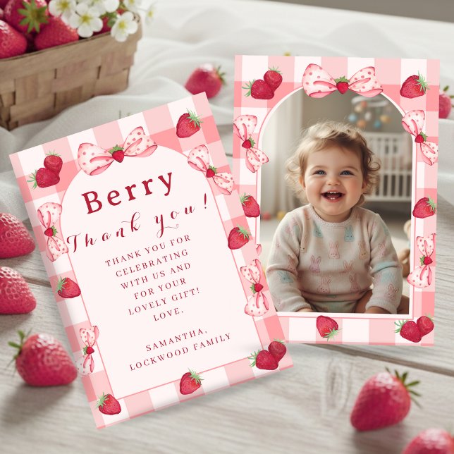 Berry Första Födelsedags Foto Bow Tacksamhetskort (Berry First Birthday Thank You Photo Bows Flat Card)