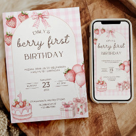 Berry Första Födelsedagsinbjudan Rosa Gingham Inbjudningar