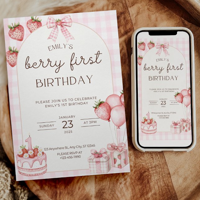 Berry Första Födelsedagsinbjudan Rosa Gingham Inbjudningar (Skapare uppladdad)