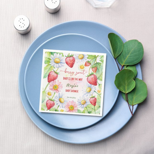 Berry gullgosgris babydusch för jordgubbskläder pappersservett (Berry sweet summer garden strawberry baby shower personalized decor monogram printed napkins templat)
