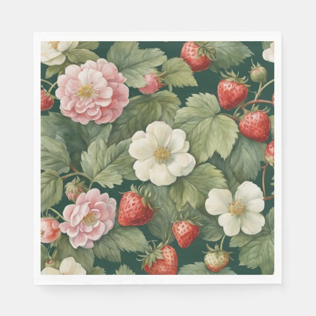'Berry in Love' Jordgubbe och blommor Pappersservett (Framsidan)