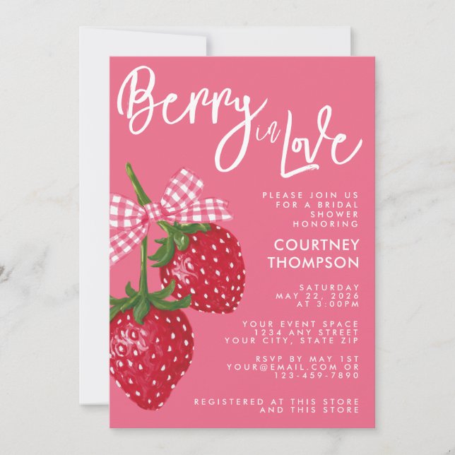 Berry In Love Pink & Red Strawberry Bridal Shower Inbjudningar (Framsida)