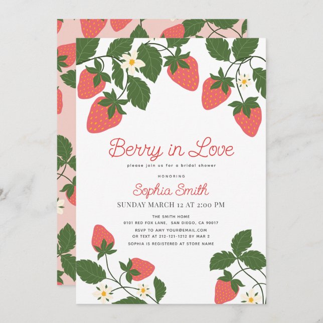Berry in Love Pink Strawberry Floral Bridal Shower Inbjudningar (Fram/baksida)