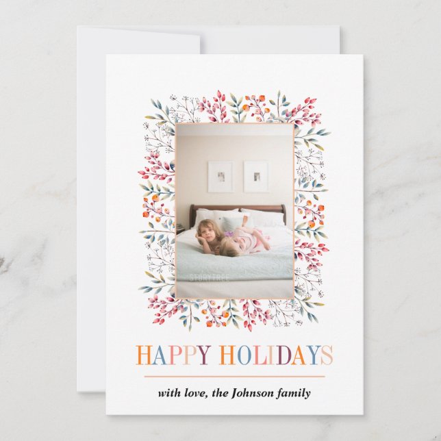 Berry, julfoto för löv peach Glad helg Julkort (Framsida)