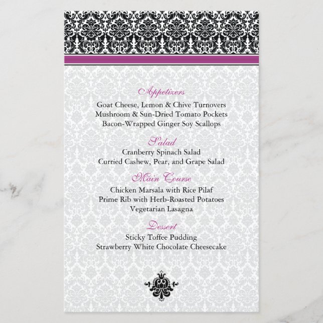 Berry Lila, Black, White Damask Menu Card (Framsida)