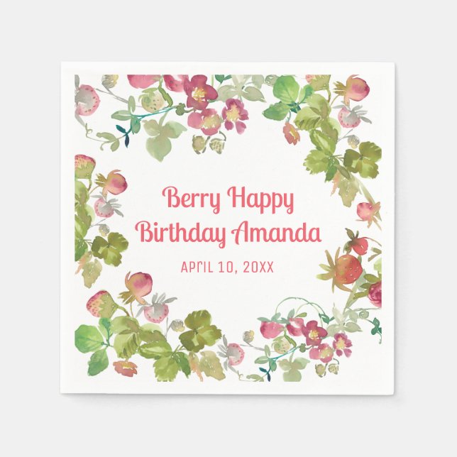 Berry Lycklig Strawberry Birthday Pappersservett (Framsidan)