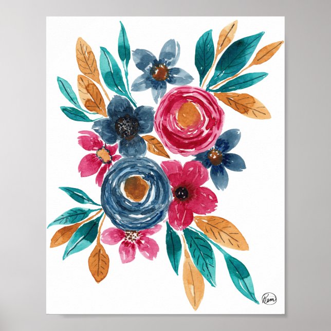 Berry Red Navy Mustard Watercolor Flowers Art Poster (Framsidan)