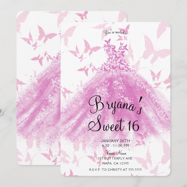 Berry Rosa Butterfly Dance Dress Sweet 16 Party Inbjudningar (Fram/baksida)