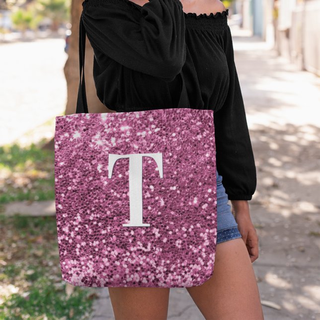 Berry Rosa Faux Glitter Bokeh Sparkles Monogram Tygkasse (Berry Pink Faux Glitter Bokeh Sparkles Monogram Tote Bag)