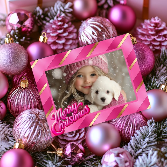 Berry Rosa och  julfoto i Brilliance Julkort (Brilliant Pink Blush and Gold Merry Christmas Photo Greeting Card )