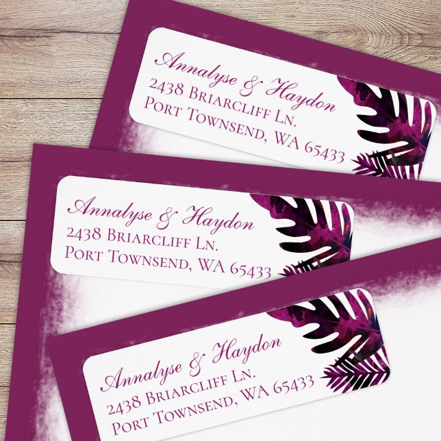 Berry Rosa Tropical Löv Bröllop Returadress Returadress Etikett (tropical berry pink, magenta, maroon island palm leaves, fern leaf, monstera return address labels)