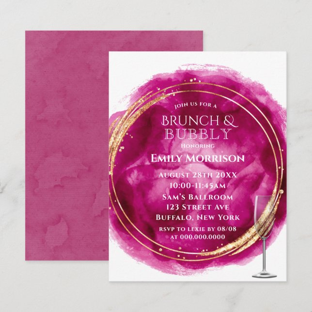 Berry Rosa Watercolor Guld Brunch & Bubly Inbjudni Inbjudningar (Fram/baksida)