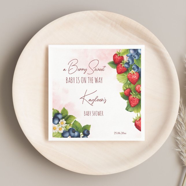 Berry, söt blåbär, babydusch för jordgubbsjordgubb pappersservett (Berry sweet blueberry wild strawberry spring summer baby shower print napkins personalized tableware)