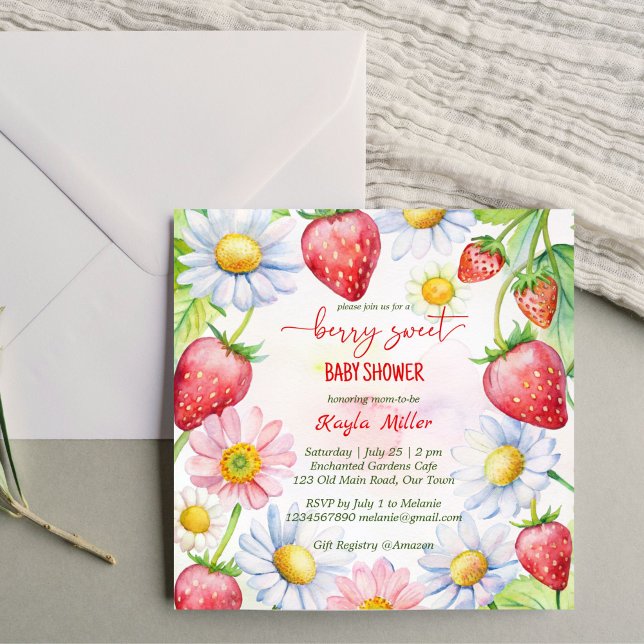 Berry, söt jordgubbsbabydusch inbjudningar (Berry sweet summer garden daisy strawberry baby shower invitation template instant download)