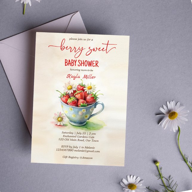 Berry, söt jordgubbsbabydusch inbjudningar (Berry sweet strawberry baby shower invitation template cute cup with daisies and strawberries)