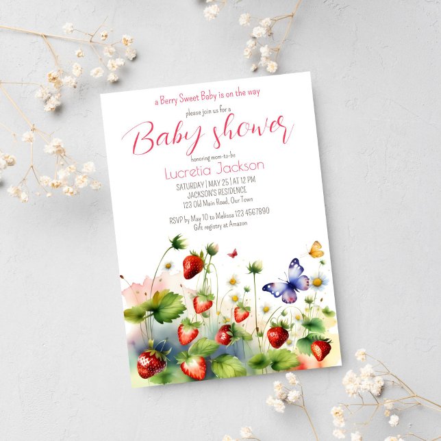 Berry, söt jordgubbsbabydusch inbjudningar (Berry sweet strawberry baby shower template invitation instant digital download strawberry meadow)