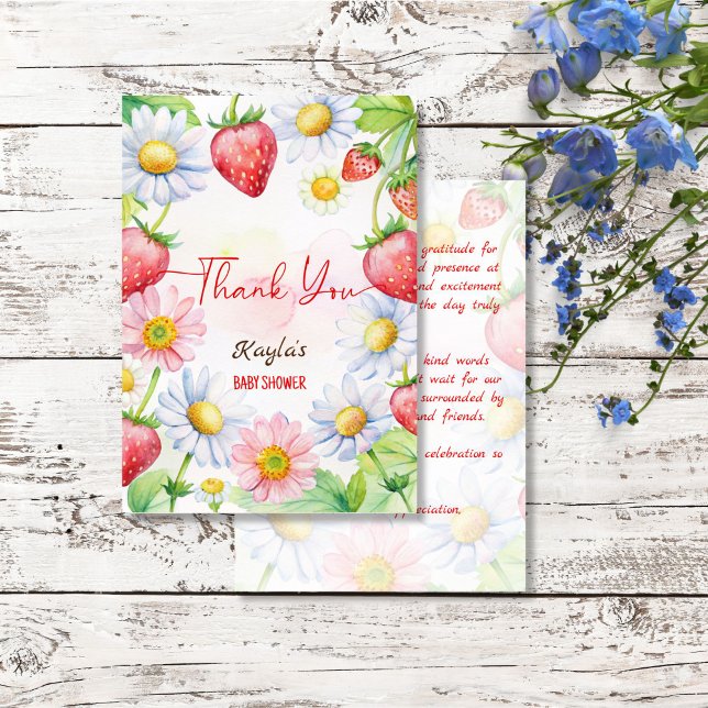 Berry, söt jordgubbsbabydusch tack kort (Berry sweet strawberry baby shower thank you cards strawberries and daisies summer baby shower)