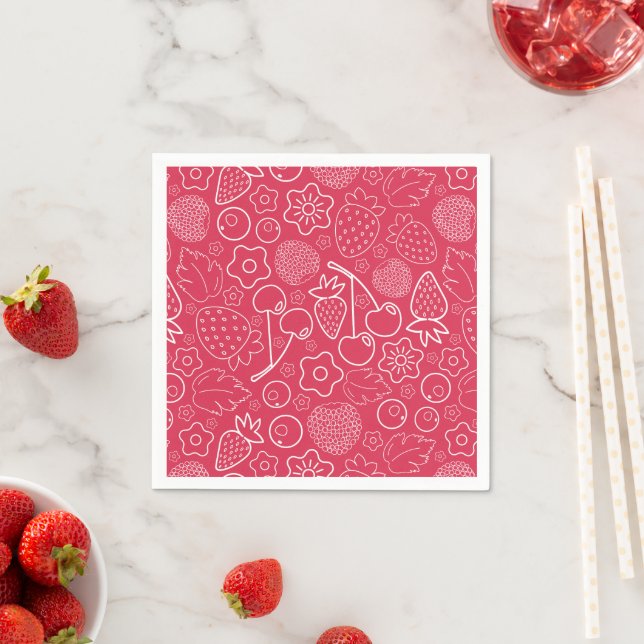 Berry Strawberry Cherry White Hand drawn Modern. Pappersservett (Insitu)