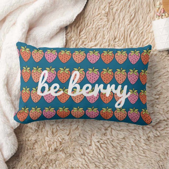 Berry Strawberry Mönster med Teal Background Lumbarkudde (Filt)