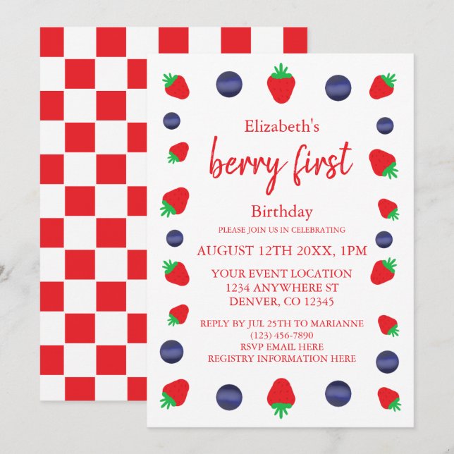 Berry Sweet 1st Birthday Inbjudningar (Fram/baksida)