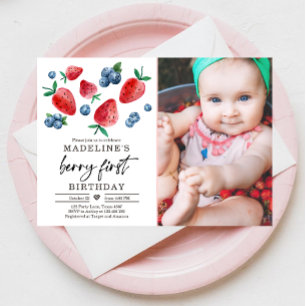 Berry Sweet 1st Birthday Strawberry Blueberry Invi Inbjudningar