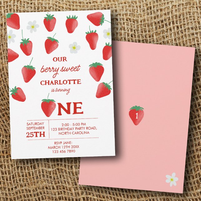 Berry Sweet 1st Birthday Strawberry Turning One Inbjudningar (Berry Sweet 1st Birthday Strawberry Turning One Invitation)