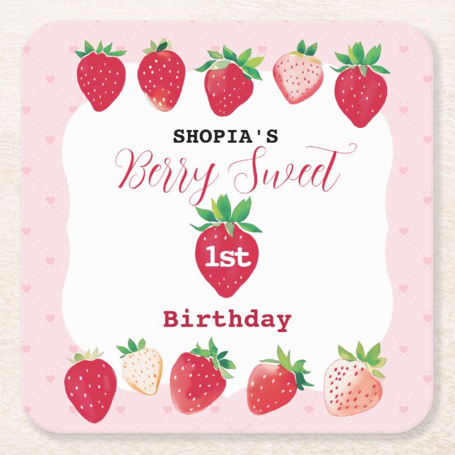 Berry Sweet 1st Birthday Underlägg Papper Kvadrat (Framsidan)