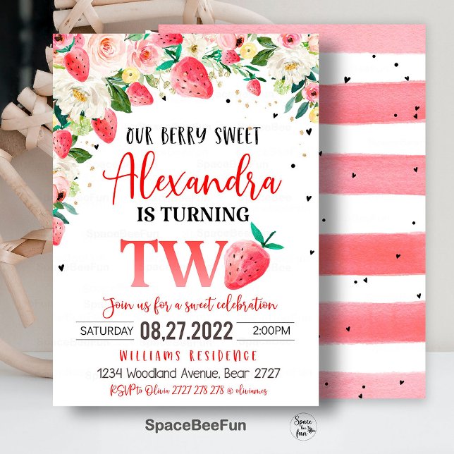 Berry Sweet 2:a födelsedagsinbjudan Jordgubbe Bir Inbjudningar (Berry Sweet invitation,2nd Birthday Invitation,Strawberry Birthday invite,Berry 2nd girl invites,Str)