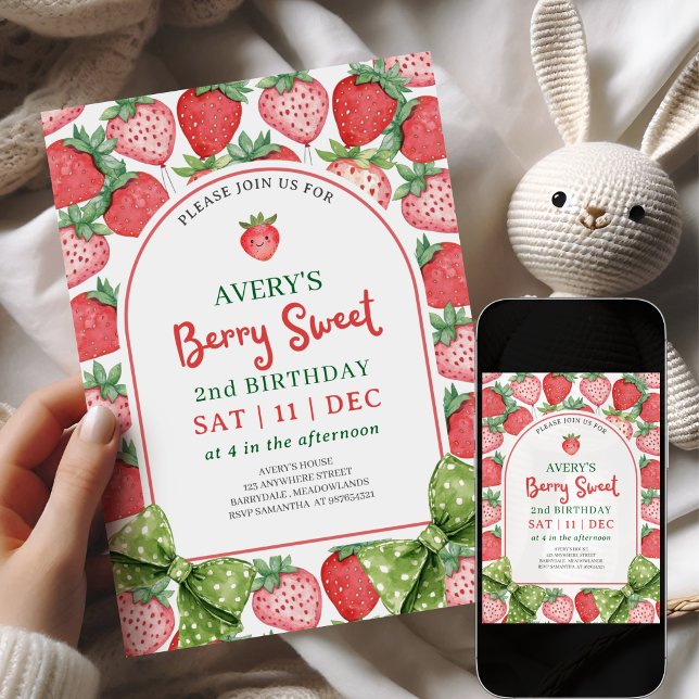 Berry Sweet 2nd Birthday Strawberry Invitation Inbjudningar (Skapare uppladdad)