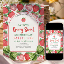Berry Sweet 3-års födelsedags Jordgubbsinbjudan