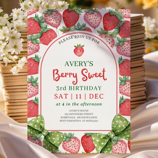 Berry Sweet 3rd Birthday Strawberry Invitation Inbjudningar (Skapare uppladdad)