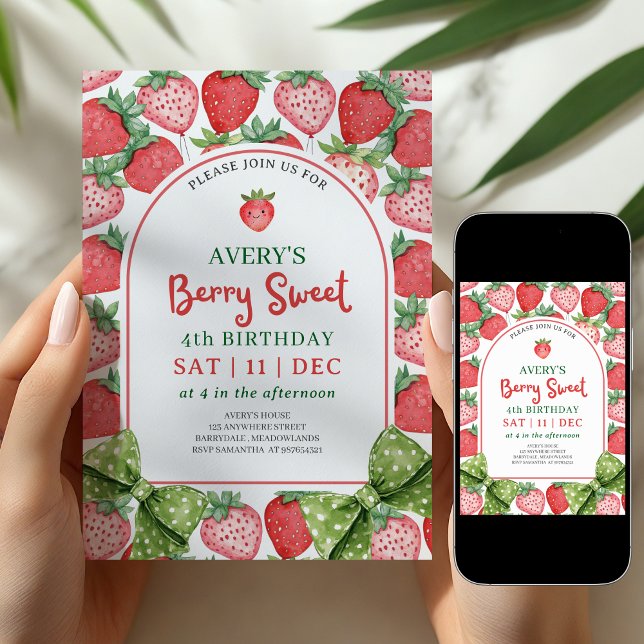 Berry Sweet 4th Birthday Strawberry Invitation Inbjudningar (Skapare uppladdad)