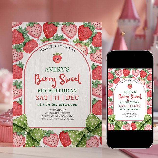 Berry Sweet 6th Birthday Strawberry Invitation Inbjudningar (Skapare uppladdad)