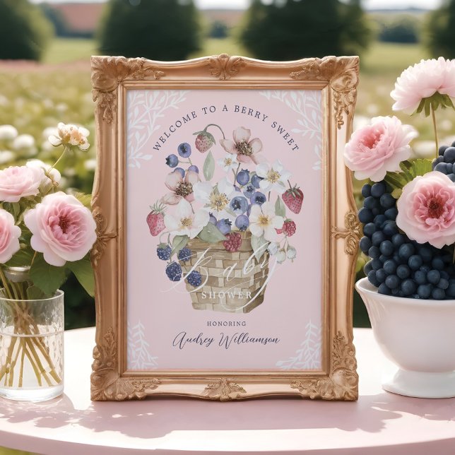 Berry Sweet Baby Shower Berries & Flowers Välkomme Poster (Berry Sweet Baby Shower Berries & Flowers Welcome Poster)