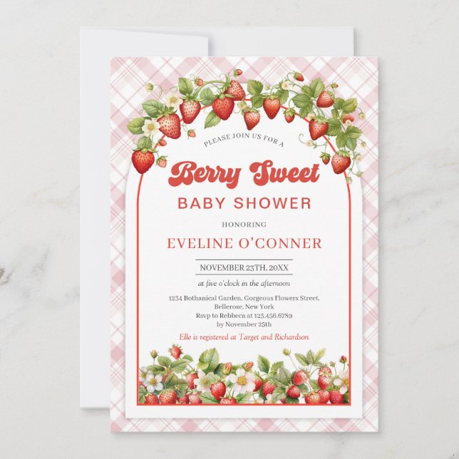 Berry Sweet Baby Shower | Boho Rosa Strawberry Inbjudningar (Framsida)
