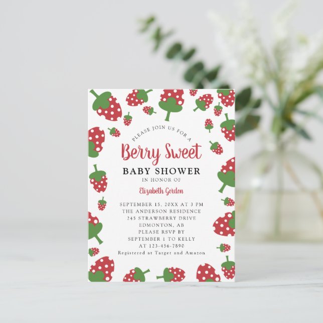 Berry Sweet Baby Shower-inbjudan Cute Strawberry Vykort (Stående Fram)