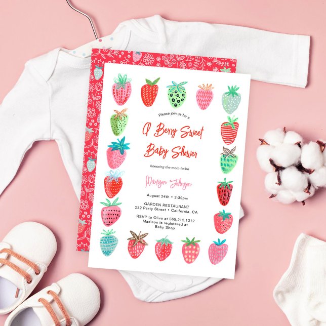 Berry Sweet Baby Shower-inbjudan jordgubbe Inbjudningar (Berry Sweet Baby Shower Invitation Strawberry)