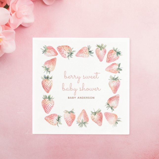 Berry Sweet Baby Shower Rosa Coquette Strawberry Pappersservett (watercolor strawberry pink coquette berry sweet baby shower napkin design)