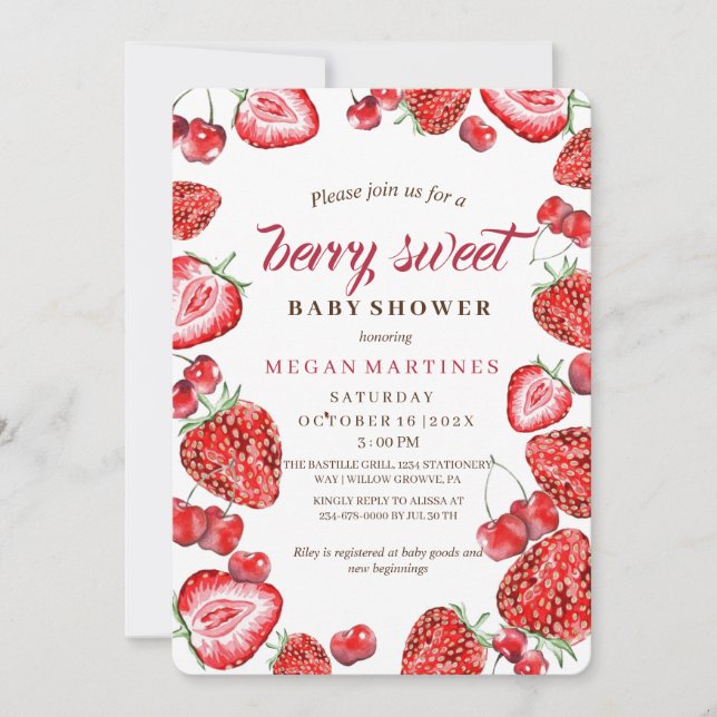 Berry Sweet Baby Shower Strawberry-inbjudan Inbjudningar (Framsida)