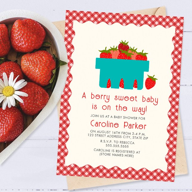 Berry Sweet Baby Strawberry Basket Gingham Inbjudningar (Skapare uppladdad)